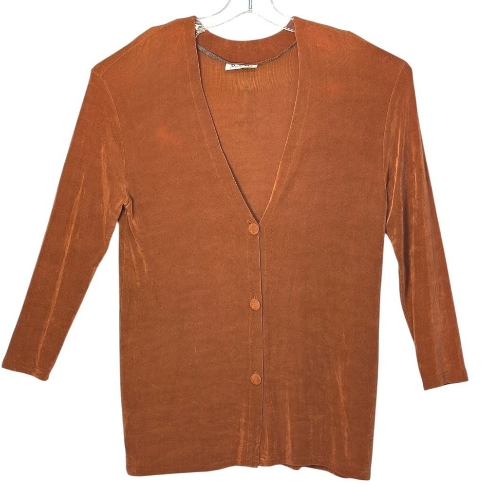 MaxiMa Cardigan Women Rust Slinky Liquid Knit Button Front USA Fall Pumpkin  L